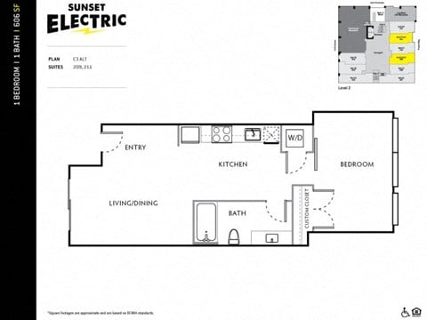 Floor plan for 1 bed, 1 bath, 606 sqft